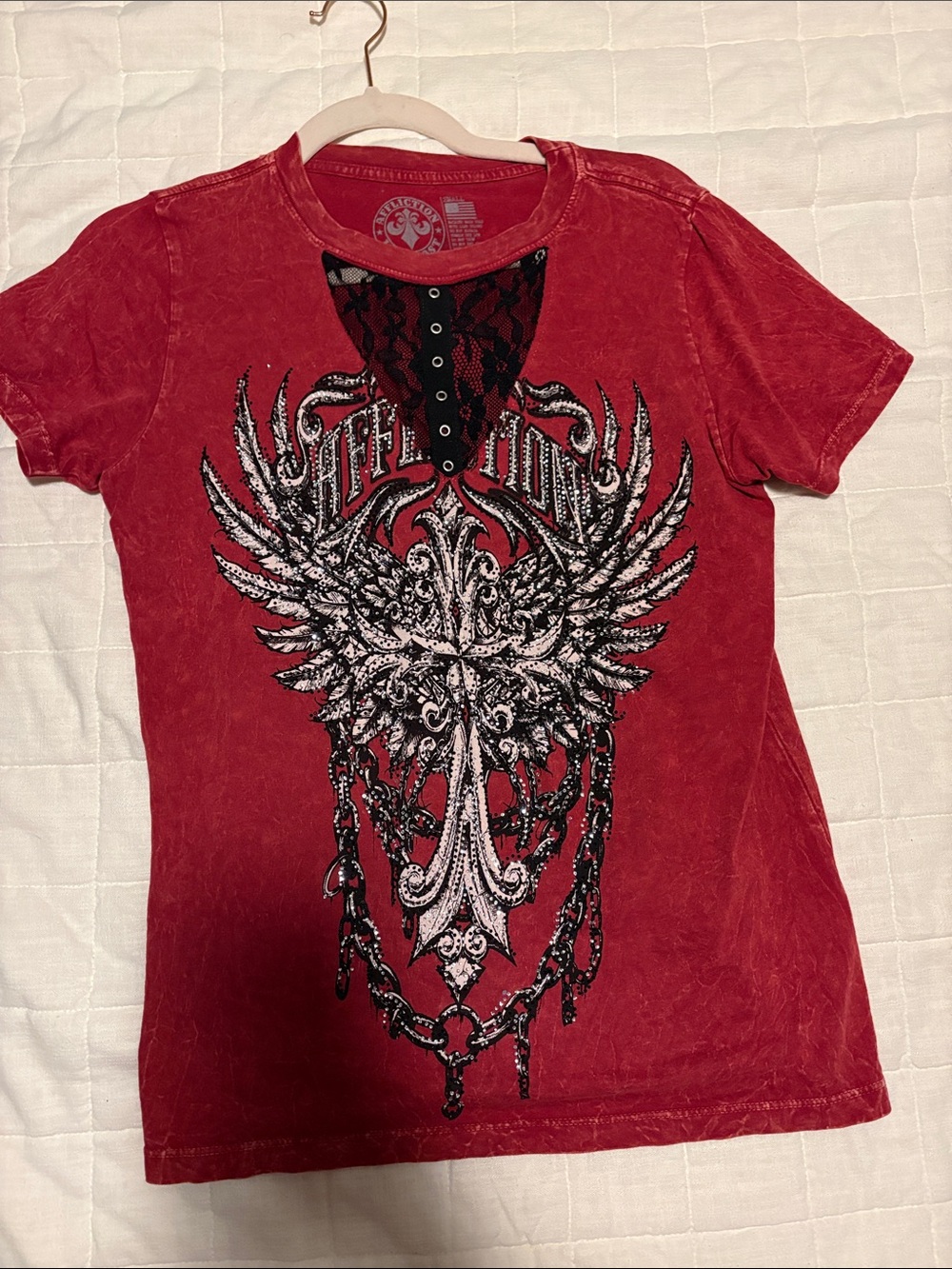 Affliction Red Short-Sleeve Graphic Tee with Lace Inset